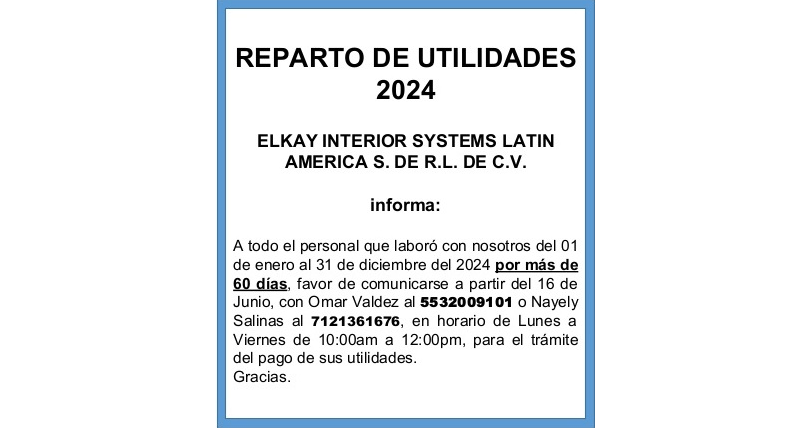 ELKAY INTERIOR SYSTEMS LATIN AMÉRICA PAGA PTU&nbsp;2024