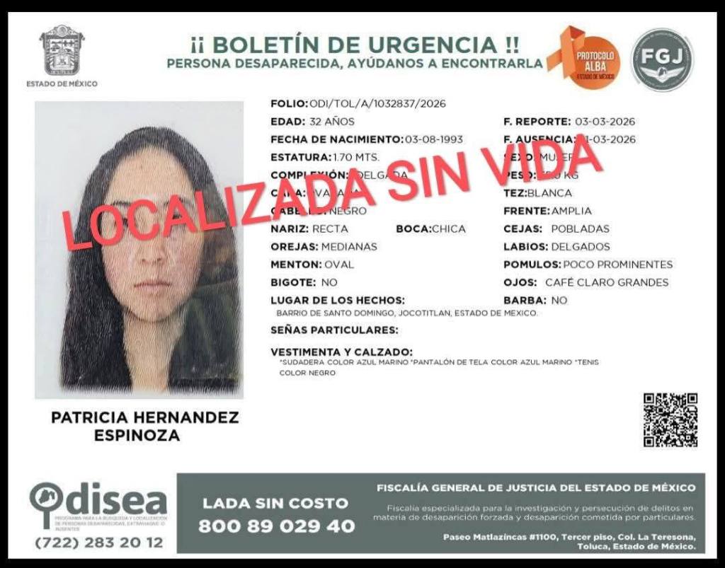 TRAGEDIA EN JOCOTITLÁN: LOCALIZAN SIN VIDA A PATRICIA HERNÁNDEZ, DE 32 AÑOS, A SOLO DÍAS DE SU&nbsp;DESAPARICIÓN