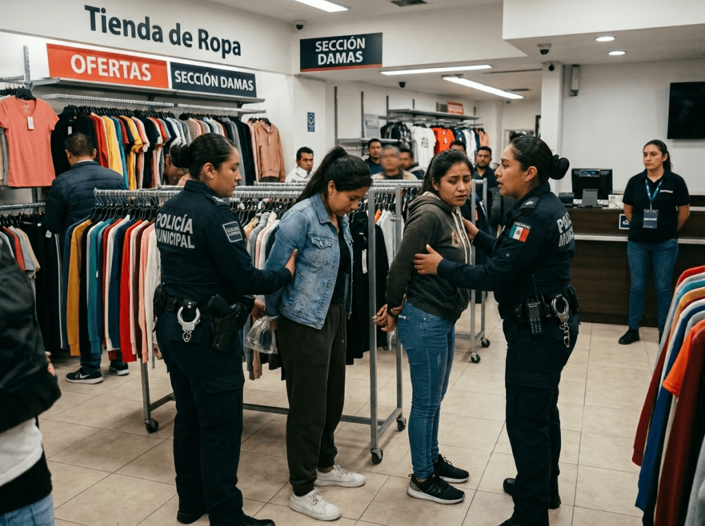 Two women handcuffed and detained by police officers in a clothing store women's section
