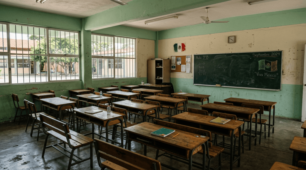 Empty classroom with wooden desks, chalkboard showing math problems and Mexican flag drawing