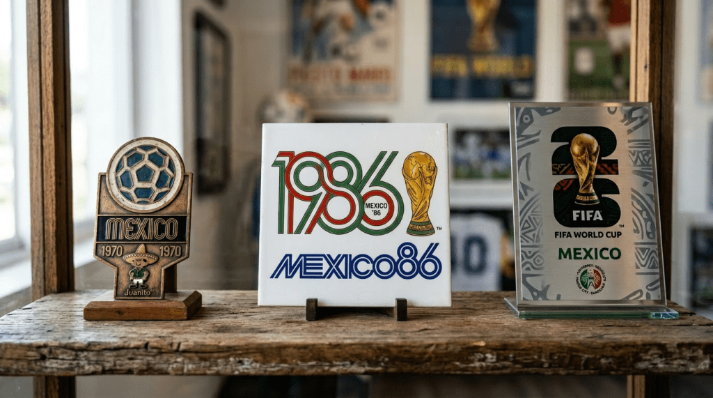Three plaques commemorating Mexico's FIFA World Cup events from 1970 and 1986