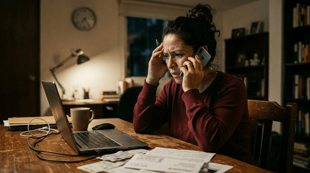 A woman holding two phones to her ears looking stressed with paperwork and laptop