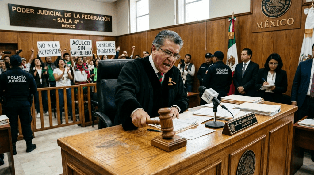 Judge pounding gavel in courtroom with protesters holding signs behind